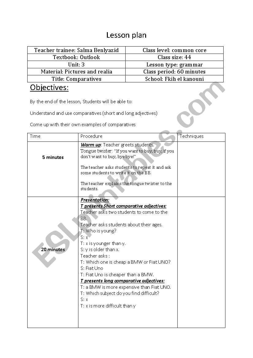 lesson plan comparatives worksheet