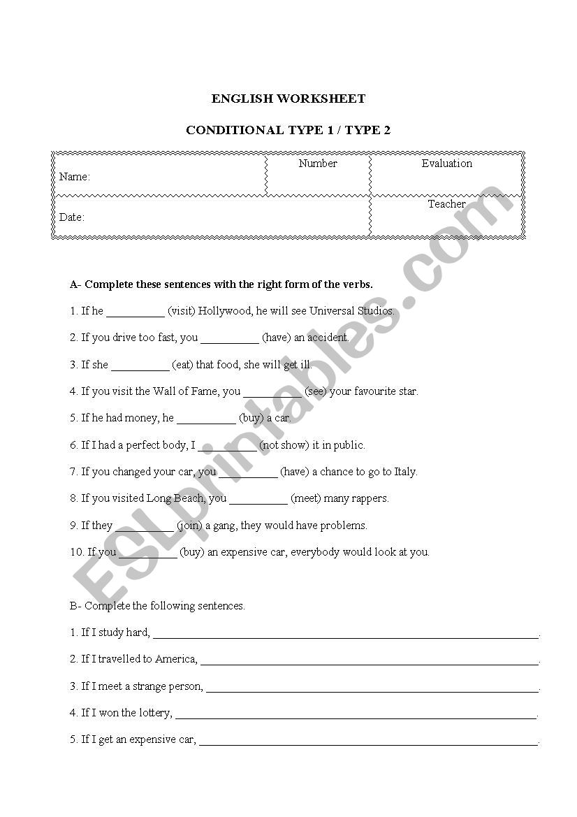 Worksheet on Conditionals worksheet