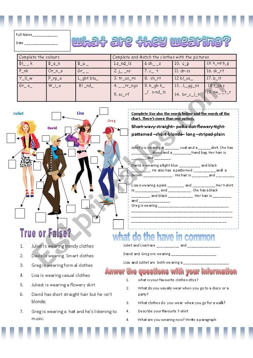 What are they wearing? Test worksheet