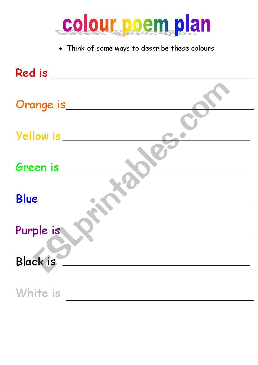 poem colour form worksheet