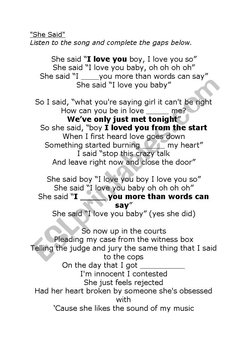 She Said By Plan B Lyrics Completion And Reported Speech Practice Esl Worksheet By Rachh