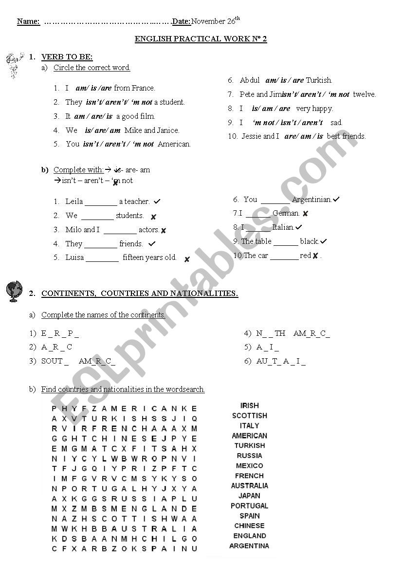 test / practical work on verb to be -continents-countries-nationalities