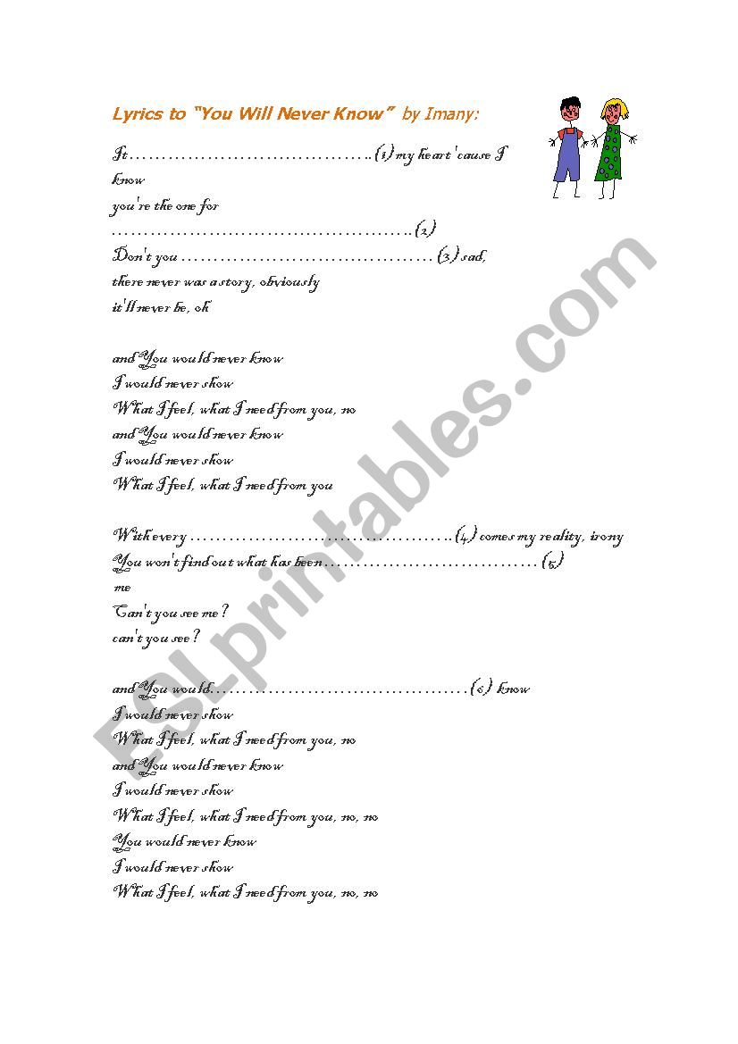 You will never know by Imany worksheet