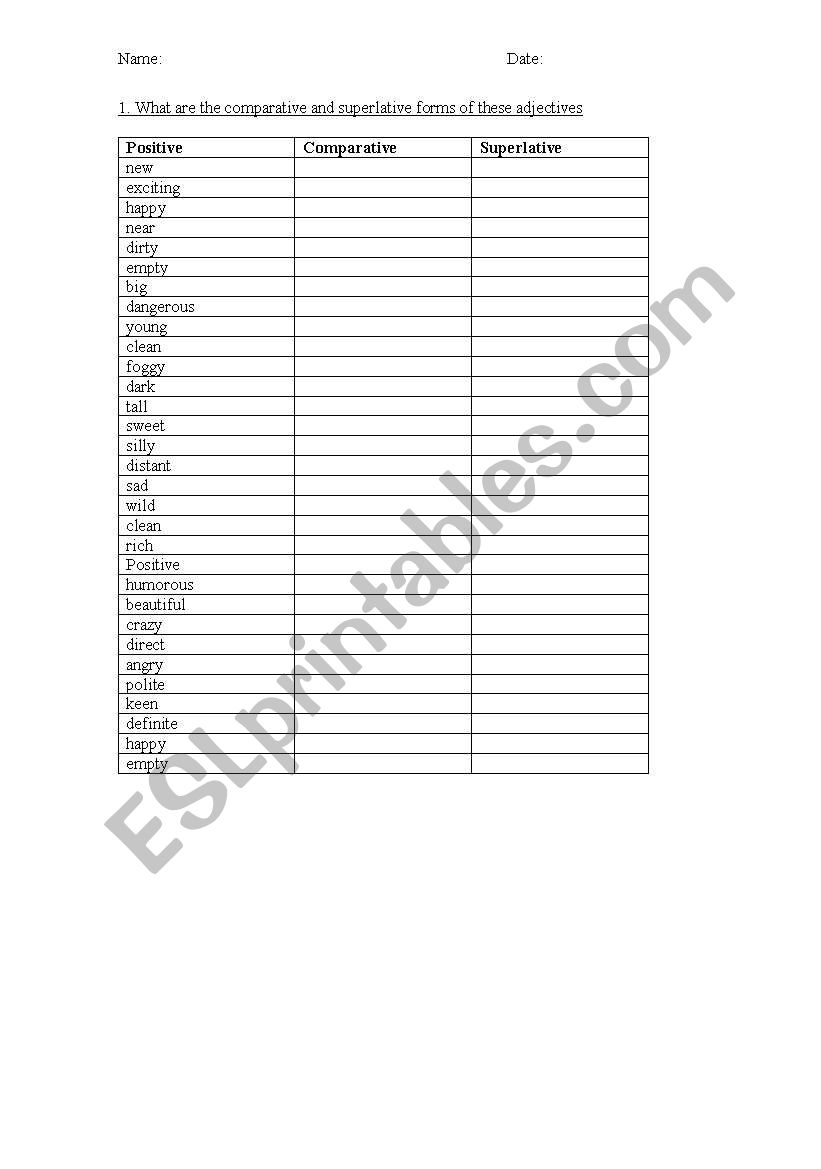 list of adjectives worksheet