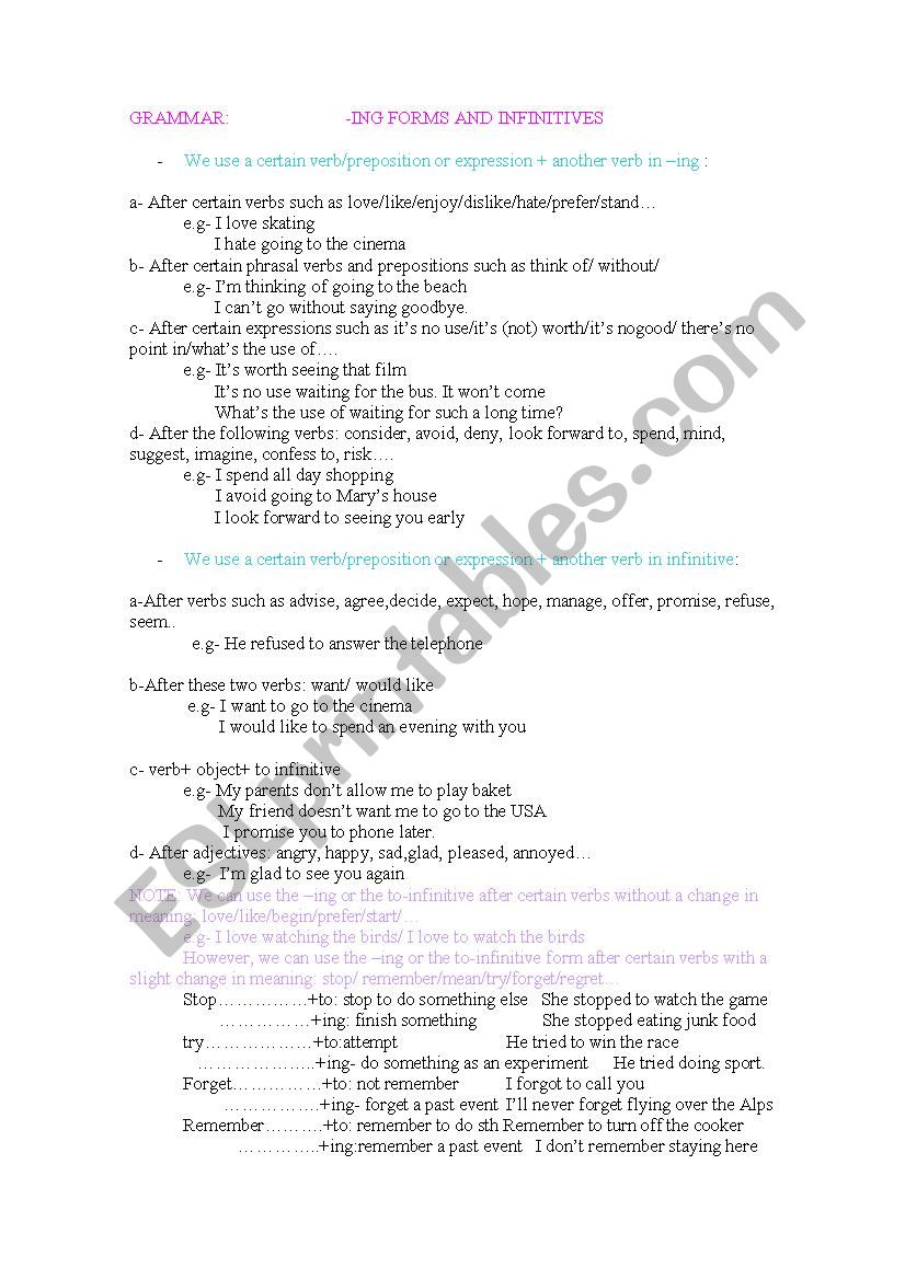 GERUNDS AND INFINITIVES worksheet