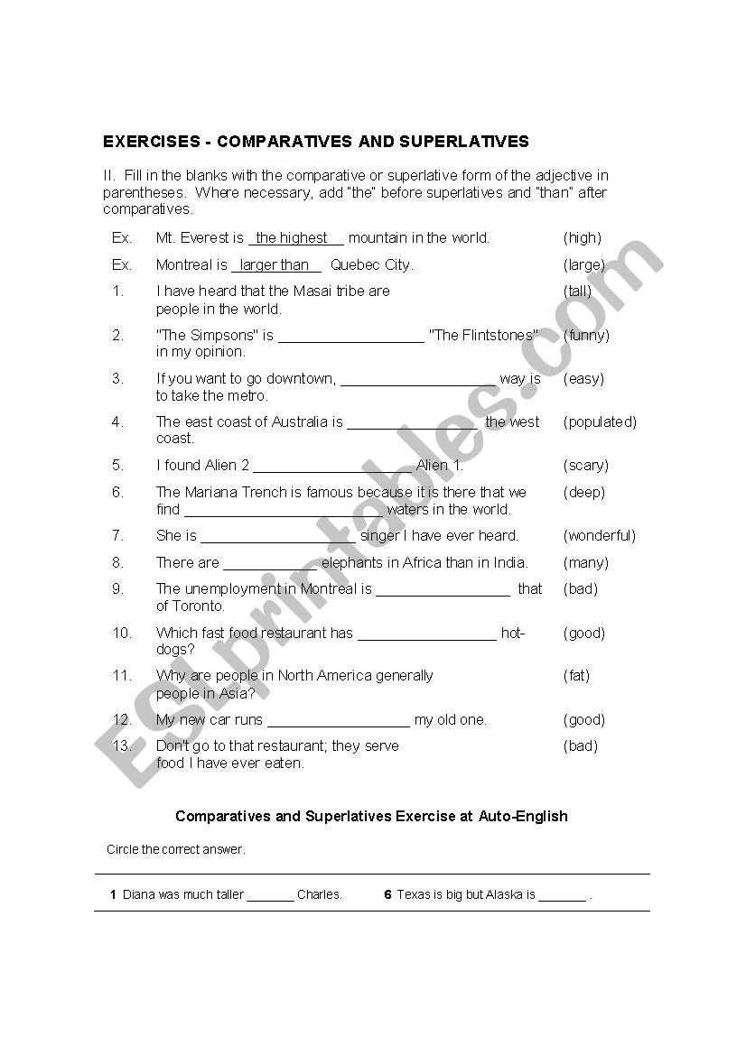 Comparatives and Superlatives worksheet