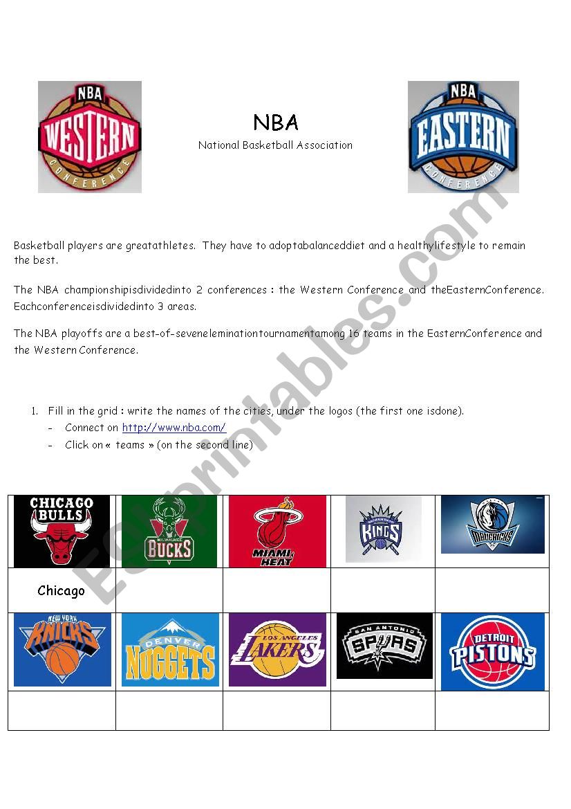 baskeball teams NBA worksheet
