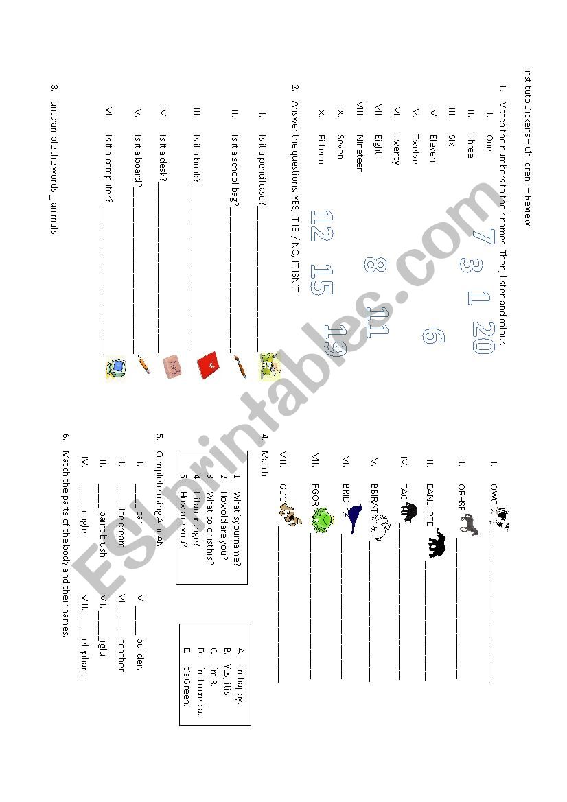 revision numbers. colours. animals- personal nformation