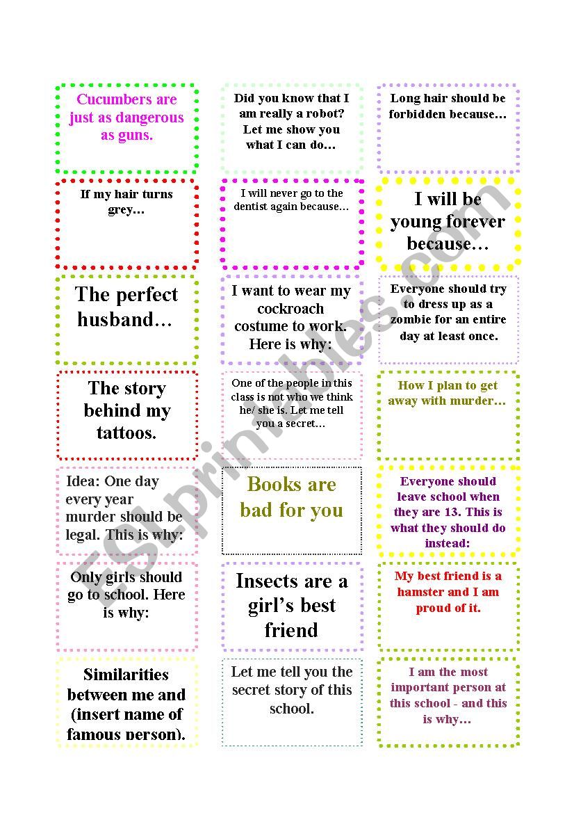 Cards: 2-Minute Speeches worksheet