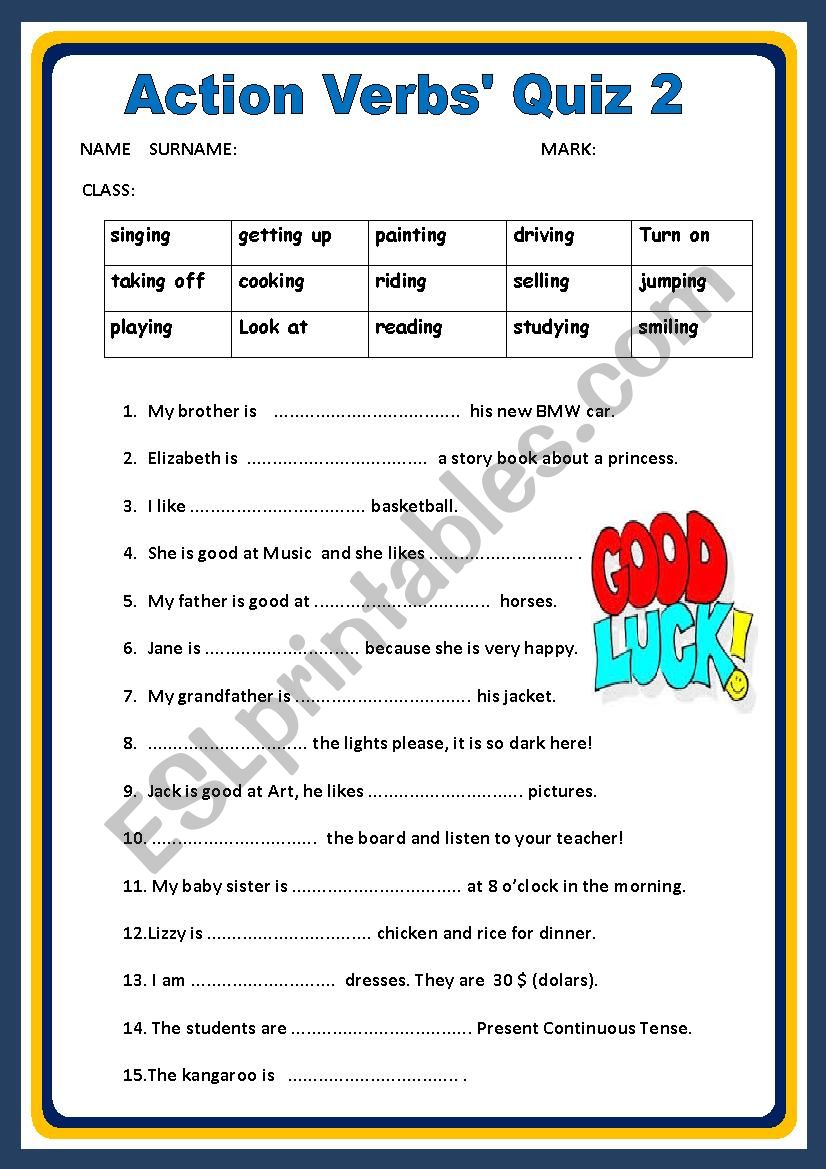 ACTION VERBS QUIZ 2 worksheet