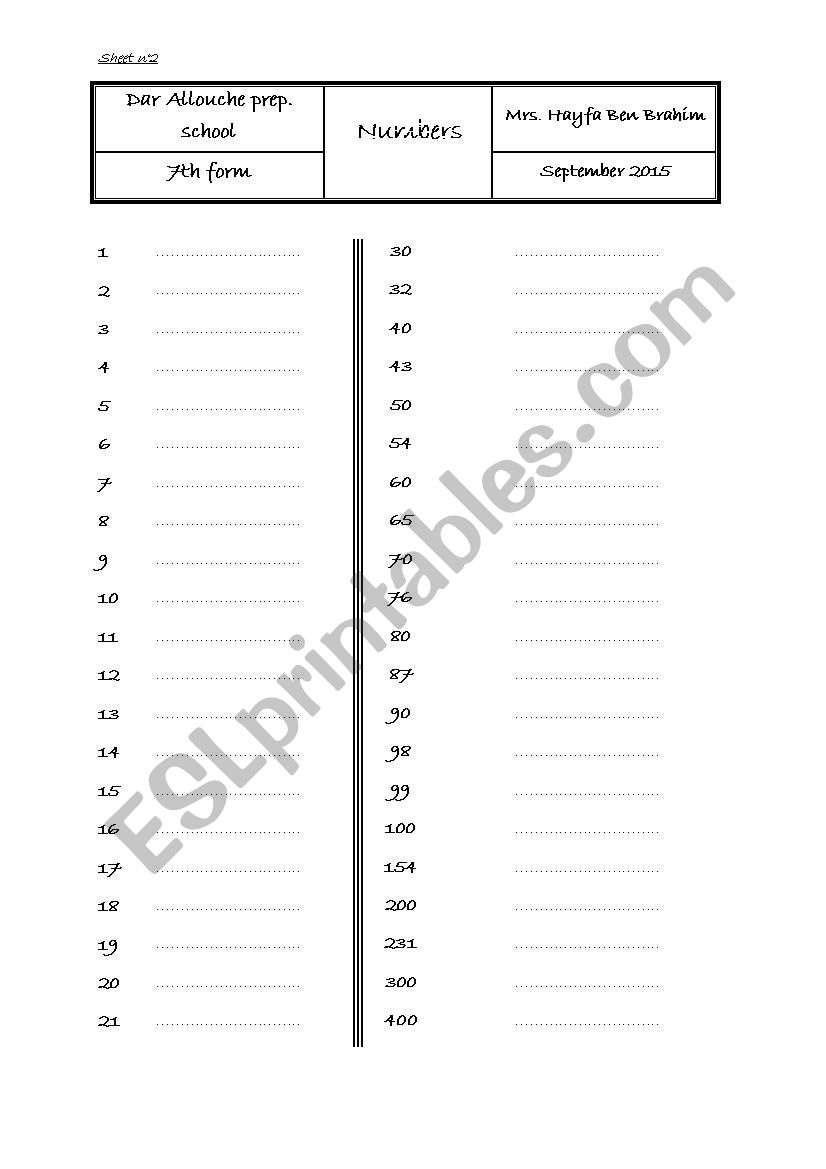 numbers worksheet