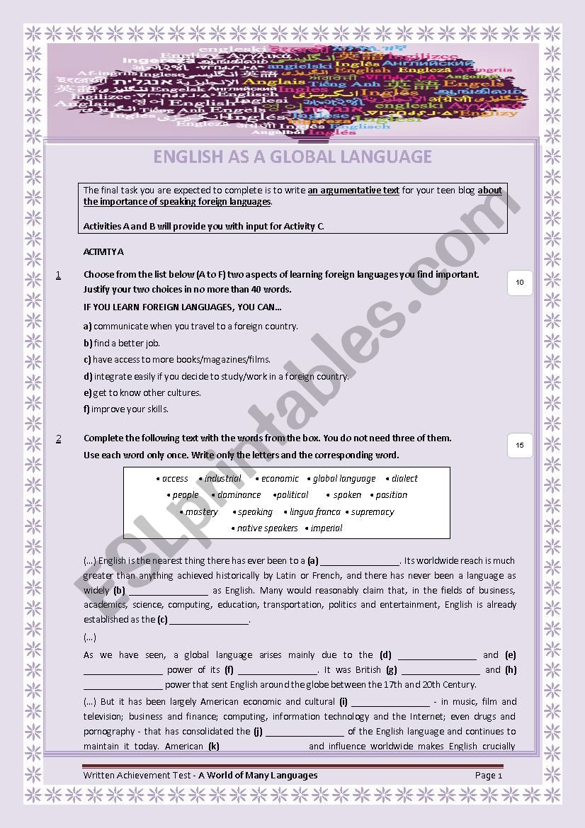 Test: A World of Many Languages - Key is provided