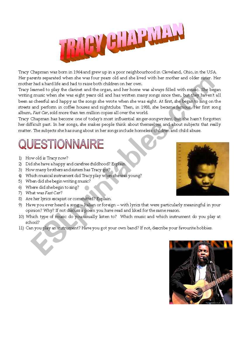 TRACY CHAPMAN QUESTIONNAIRE worksheet