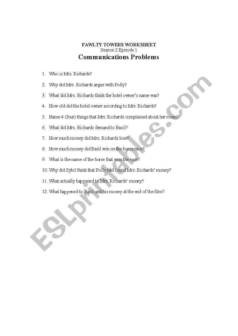 Fawlty Towers Worksheet - Communication Problems