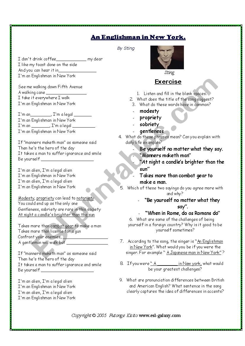 Song Based Activity worksheet