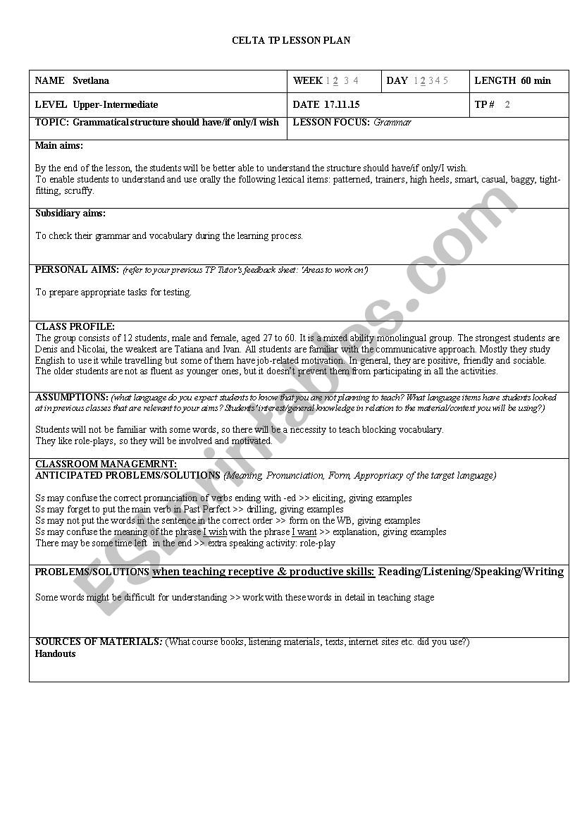 CELTA lesson plan worksheet