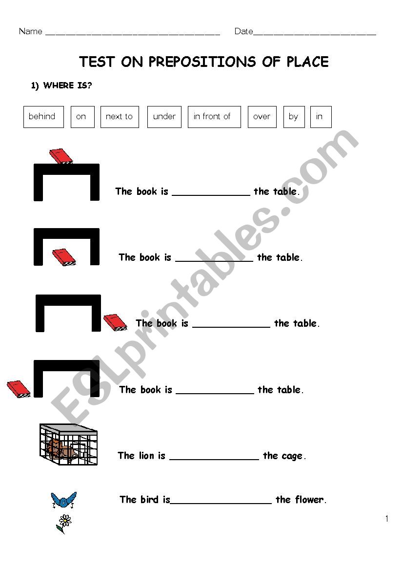 test on prepositions of place worksheet