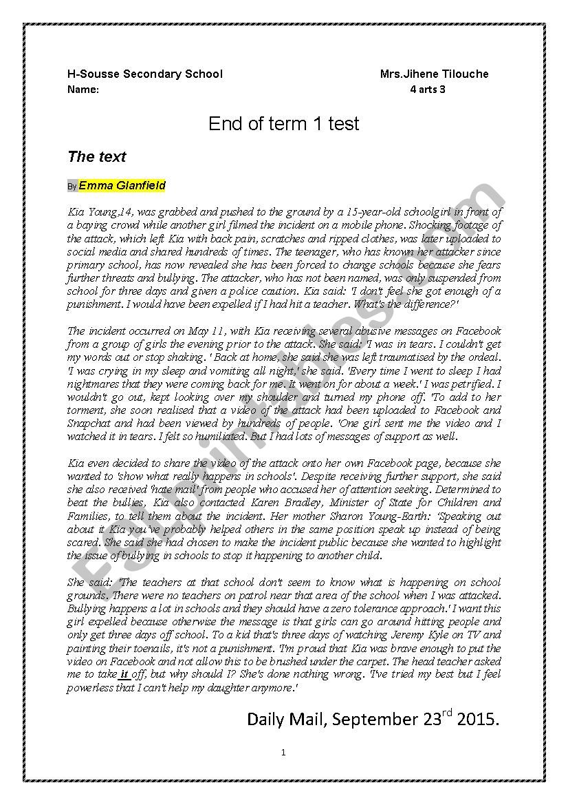 end of term 1 (4 th arts) worksheet