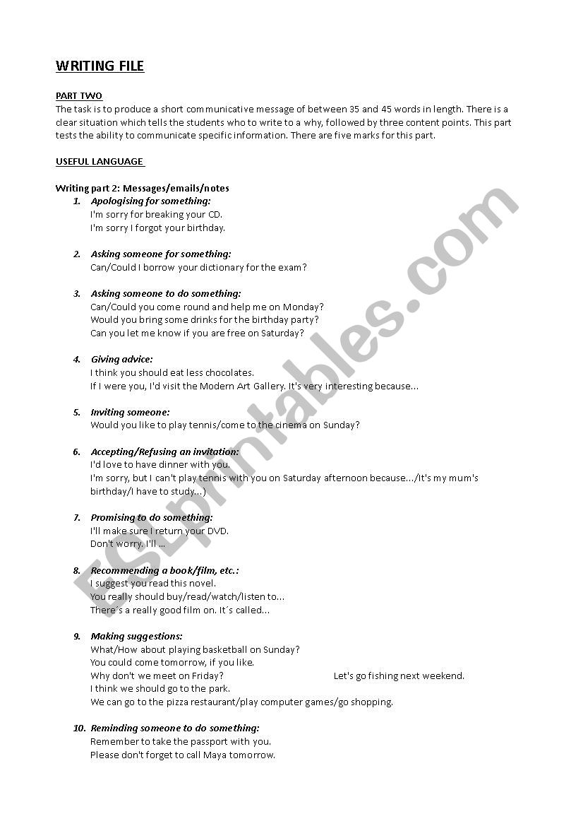 Writing File for B1/PET exam worksheet