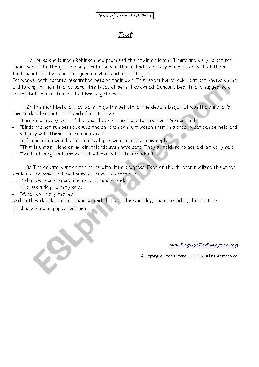 end of term test 1 (9th formers / reading)