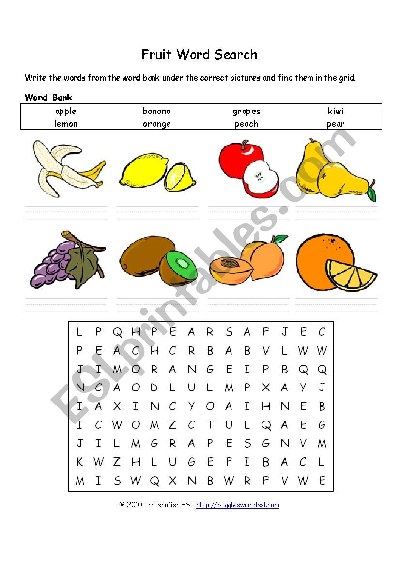 Fruit Word Search worksheet