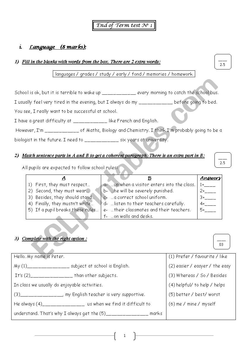 end of term test 1 (9th formes / language+writing)