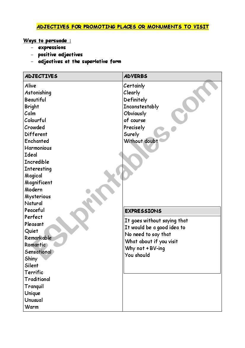 Adjectives for promoting places and monuments