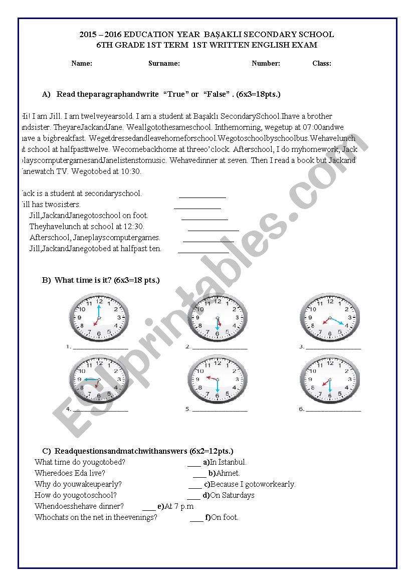 test worksheet