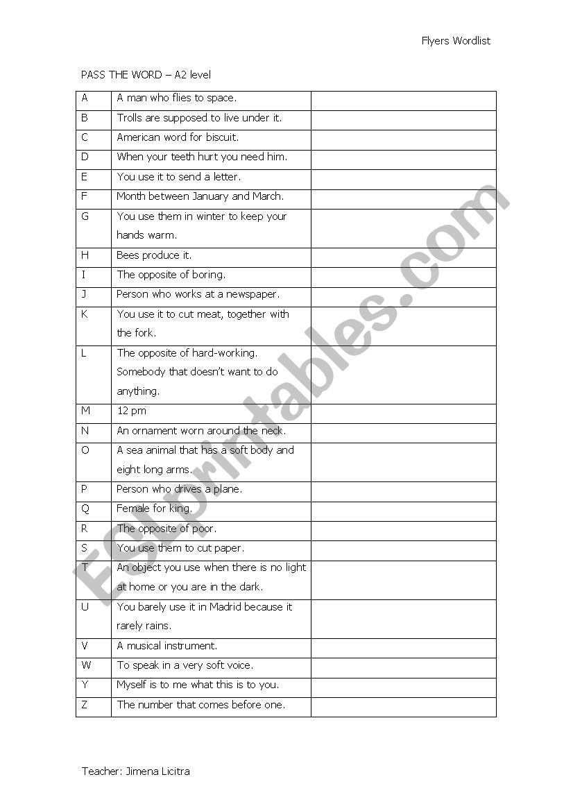 Pass the Word A2 level worksheet