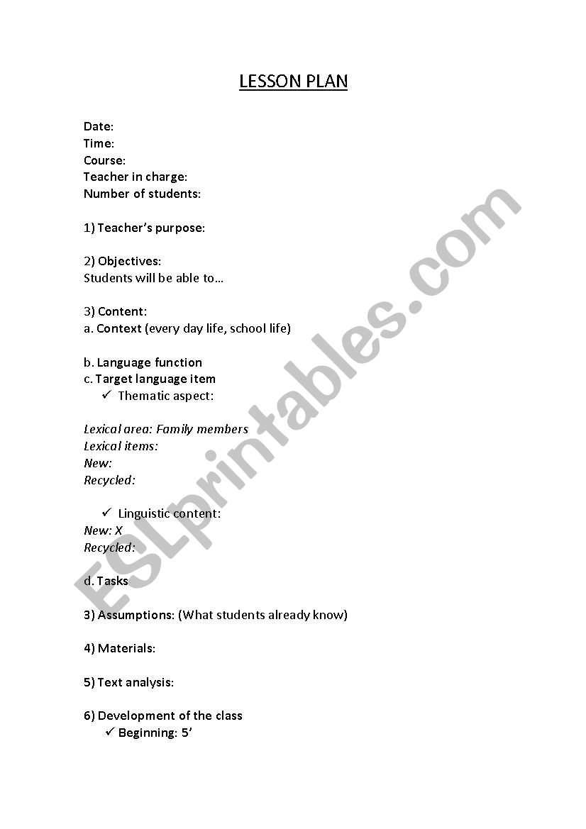 Family members lesson plan worksheet