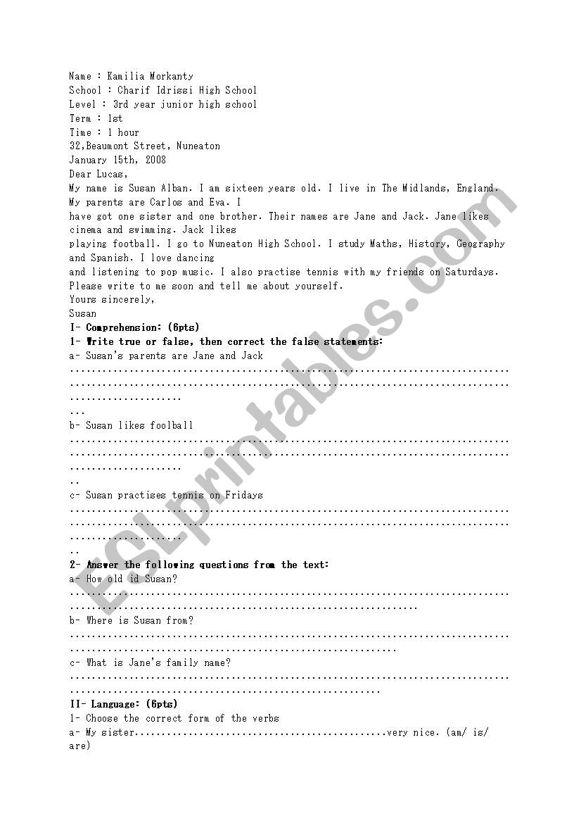 reading  and  language worksheet