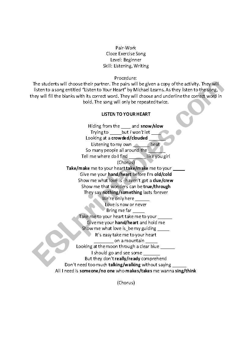 Cloze Excercise Song worksheet