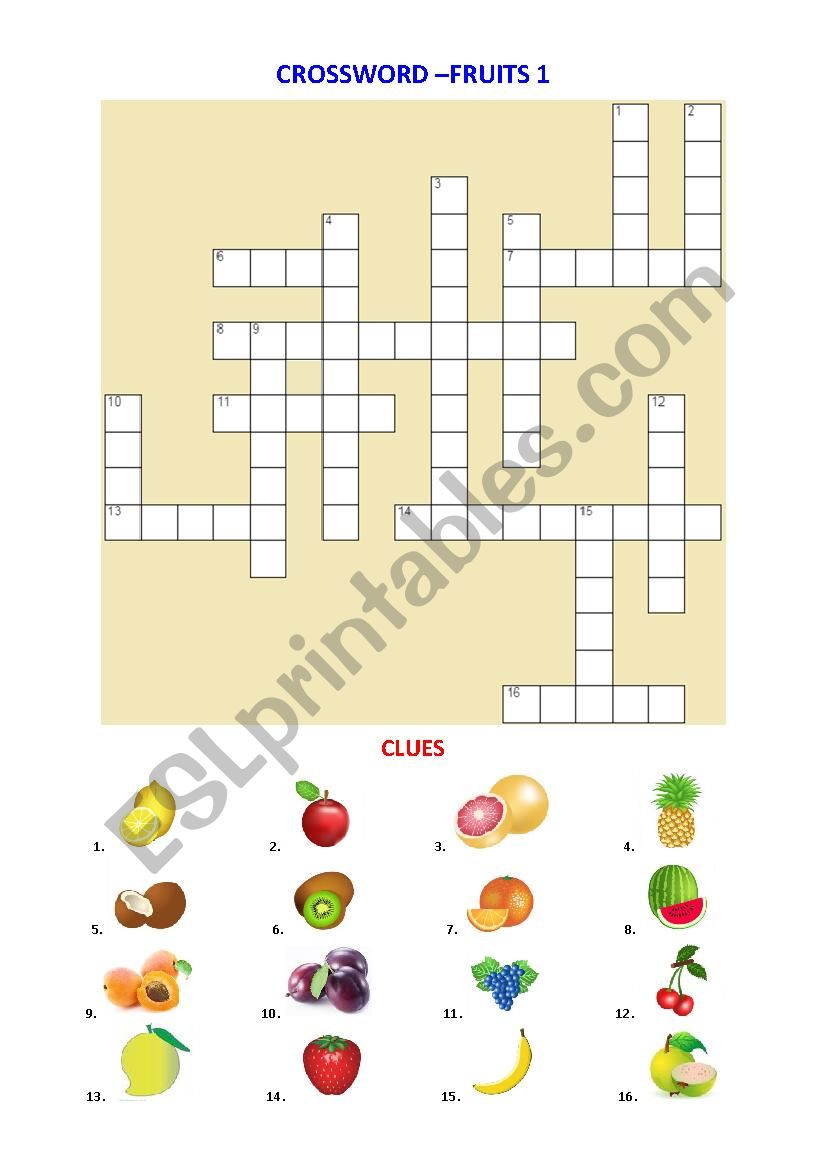 Crossword - Fruits 1 worksheet