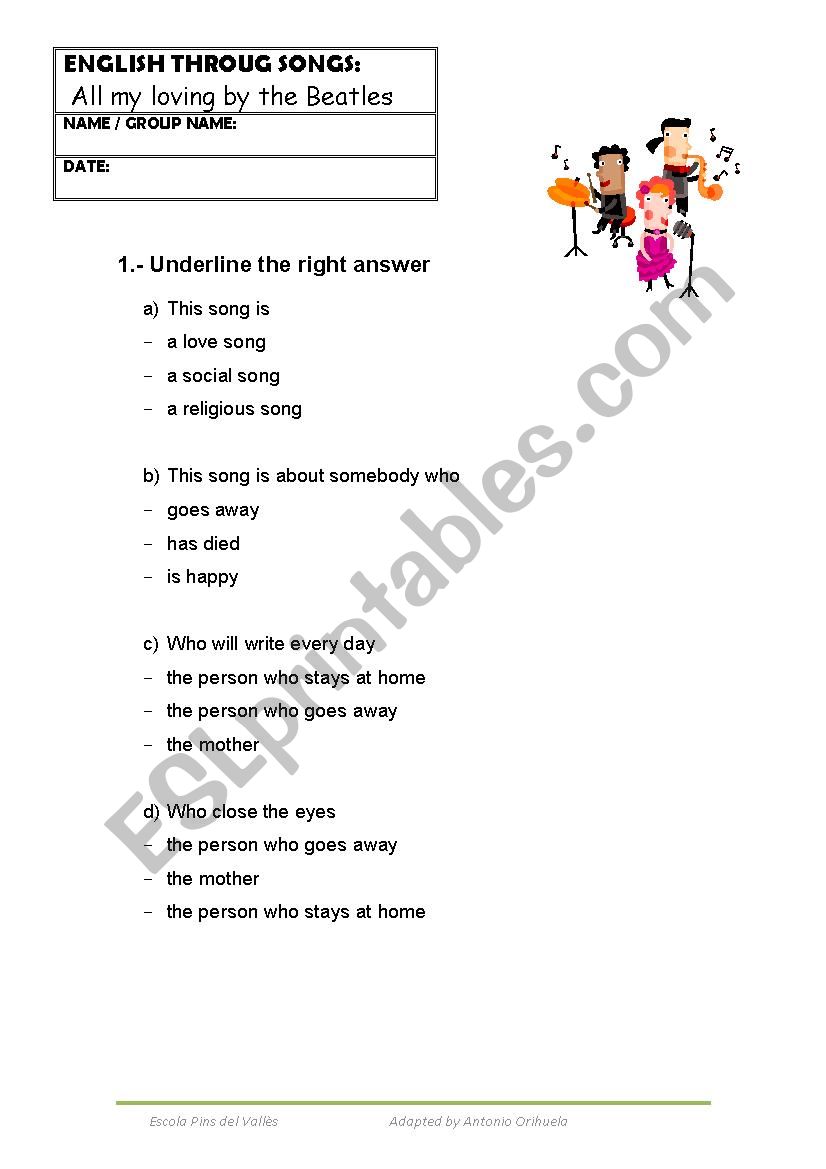 Song: All my loving worksheet