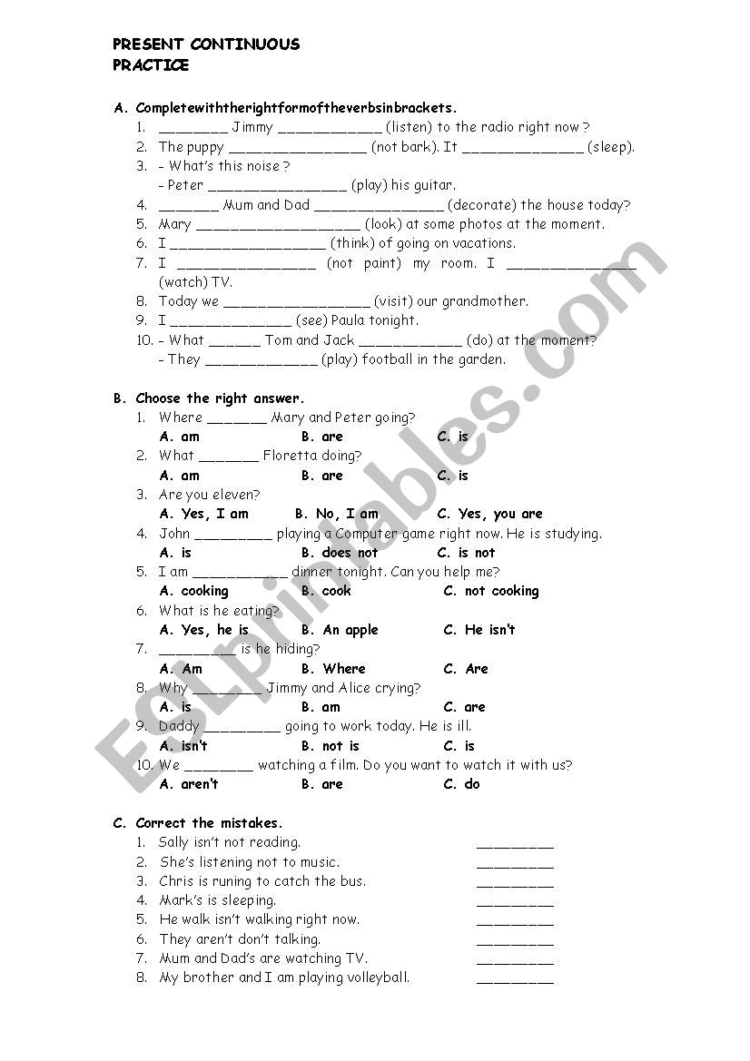 present continuous elementary worksheet