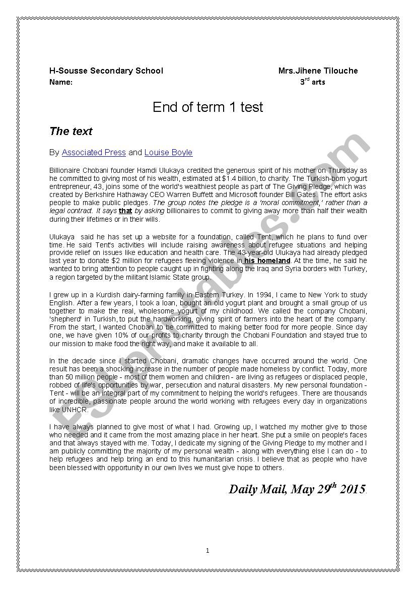 End of term 1 paper ( 3rd form)