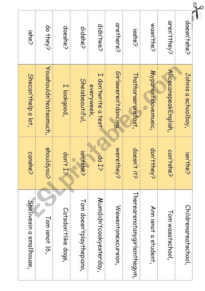 TAG QUESTIONS domino game worksheet