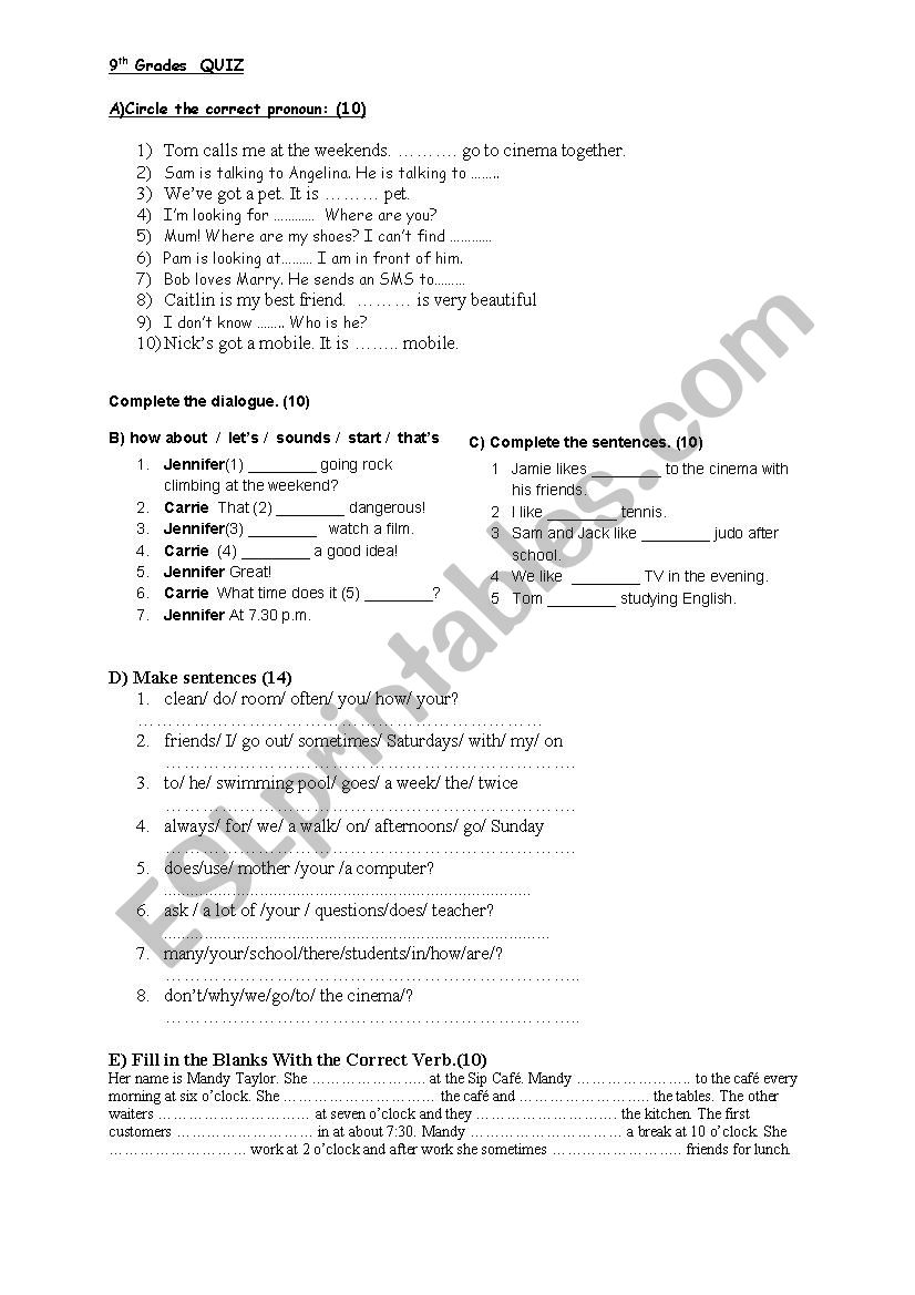 Quiz for Ninth Grades worksheet