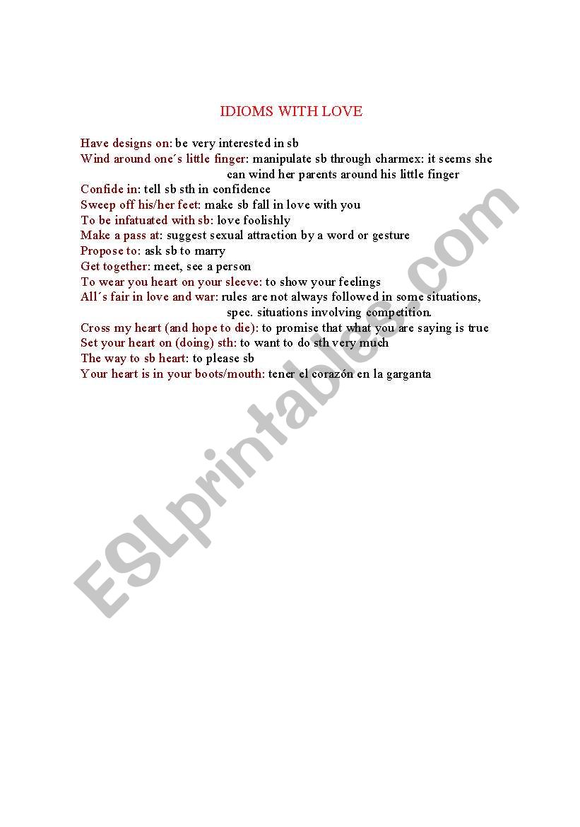 idioms with love worksheet