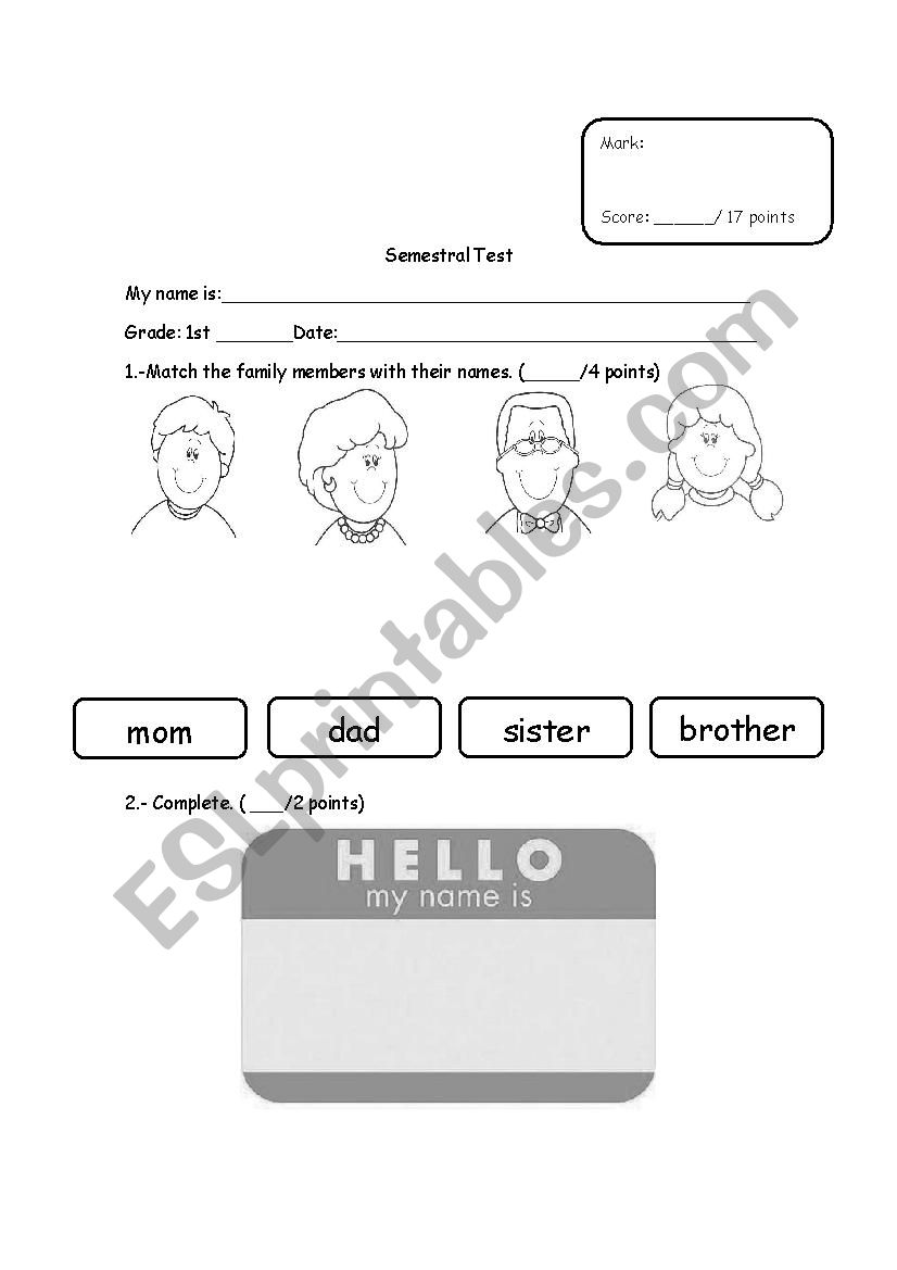 Test Family, colors, numbers worksheet
