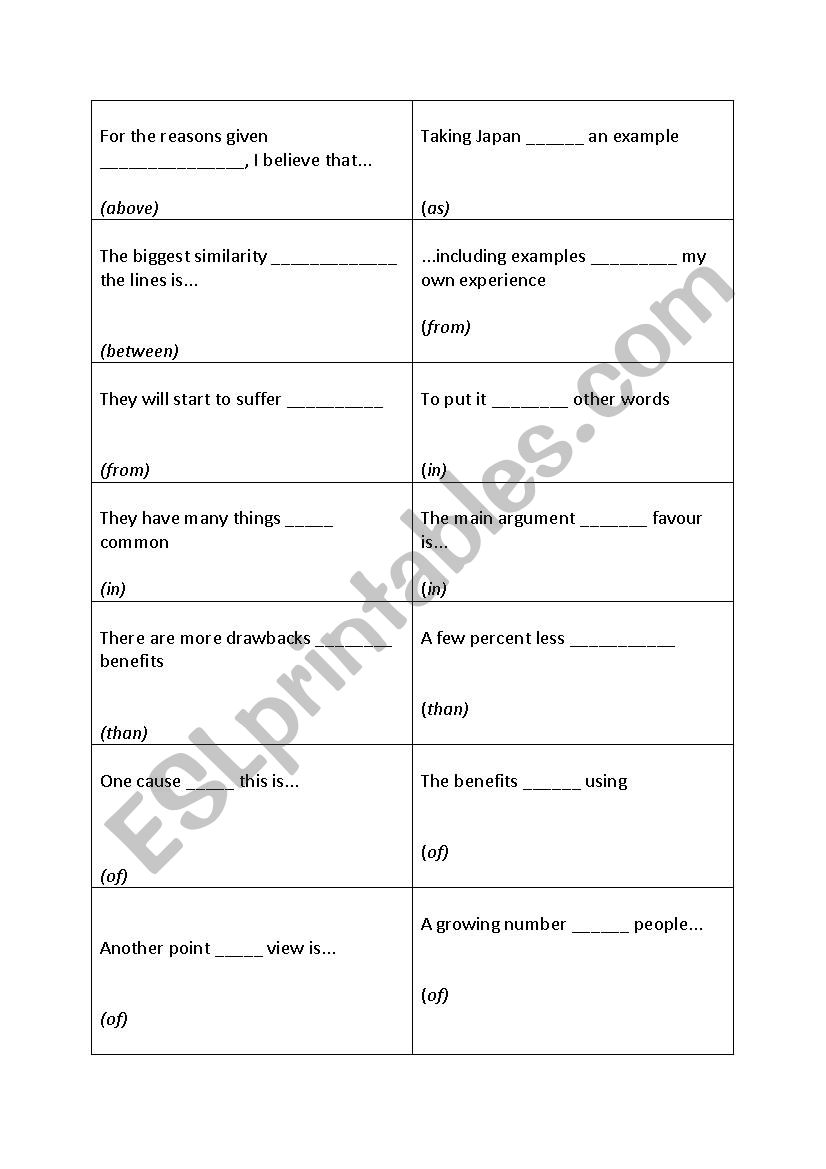 IELTS Prepositions cards (Test your partner)