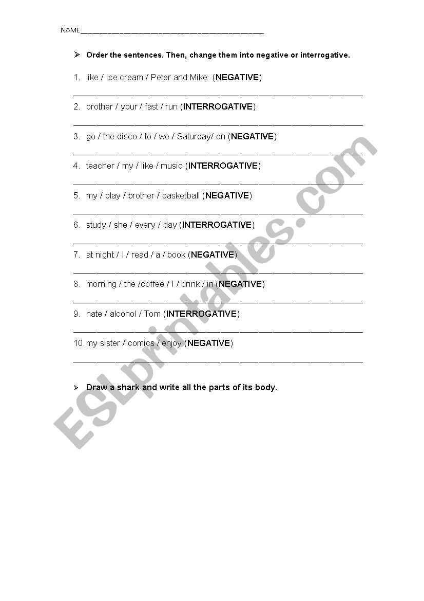 order the sentences worksheet