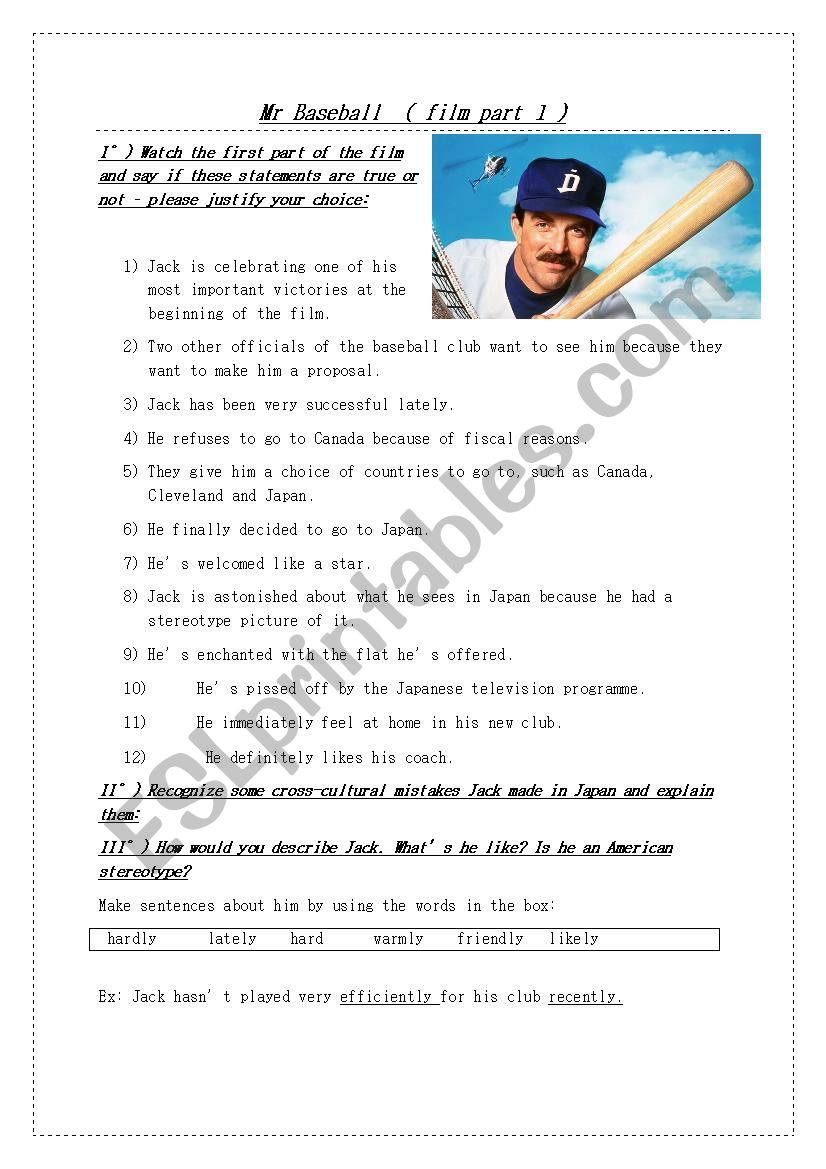 Mr Baseball part 1 worksheet
