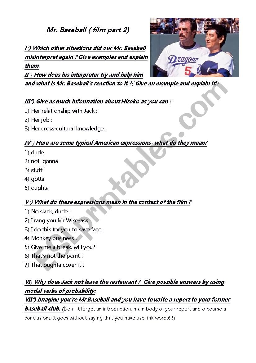 Mr Baseball part 2 worksheet