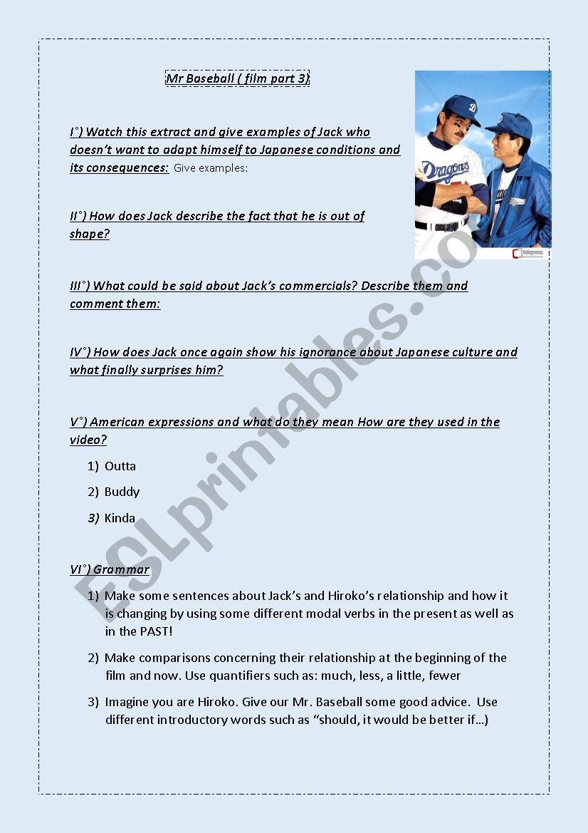 Mr Baseball part 3 worksheet