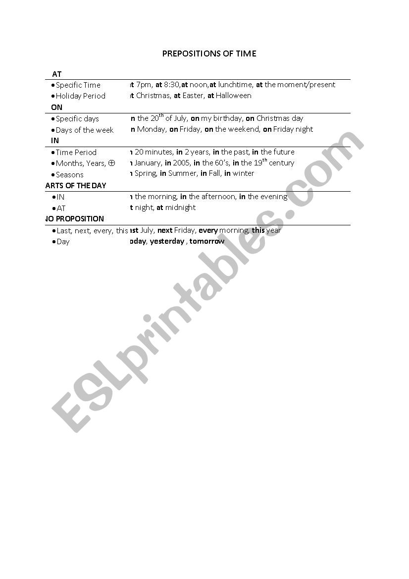 Prepositions of time worksheet