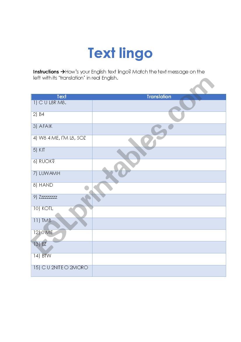 Text Lingo worksheet