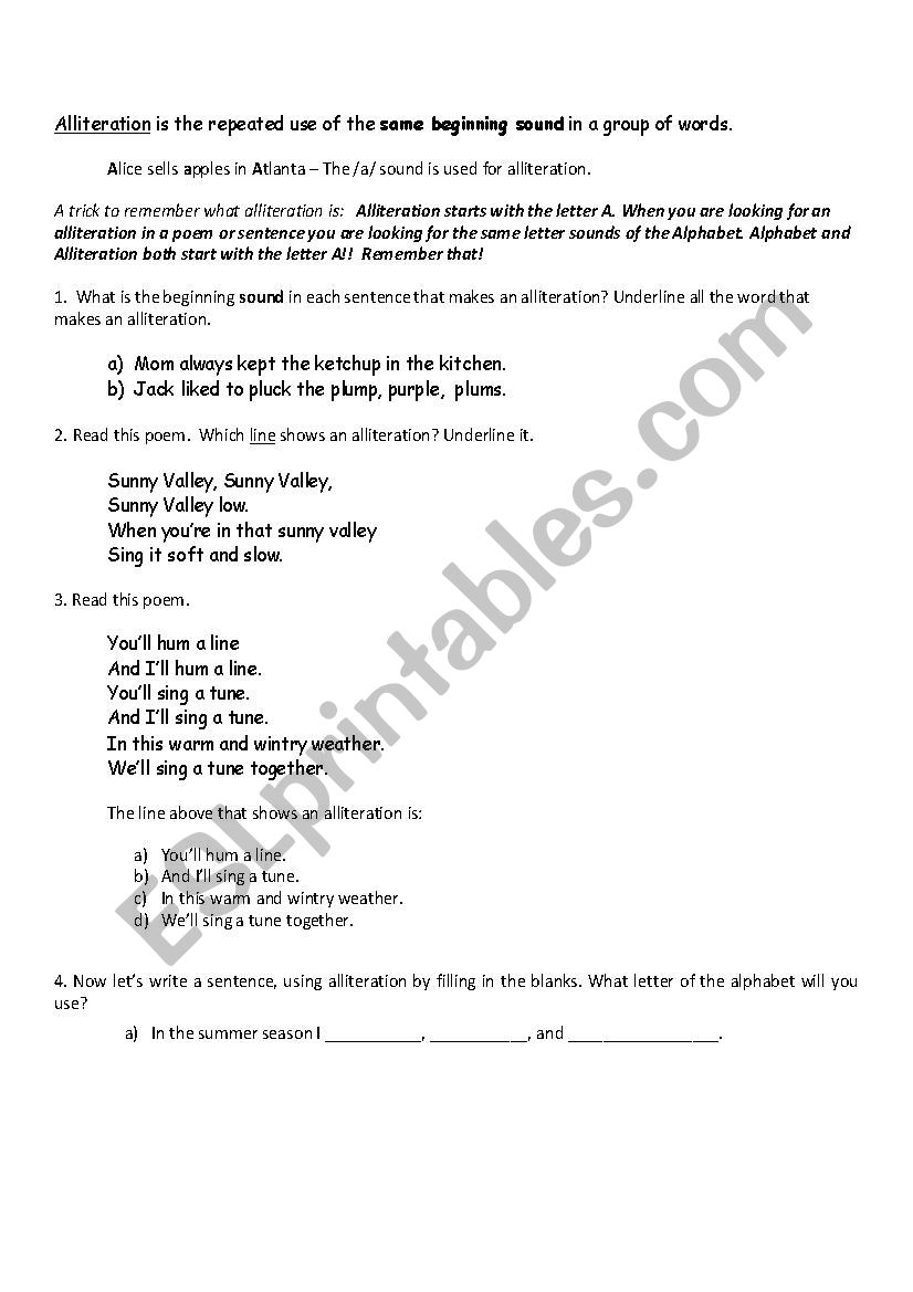 alliteation  worksheet