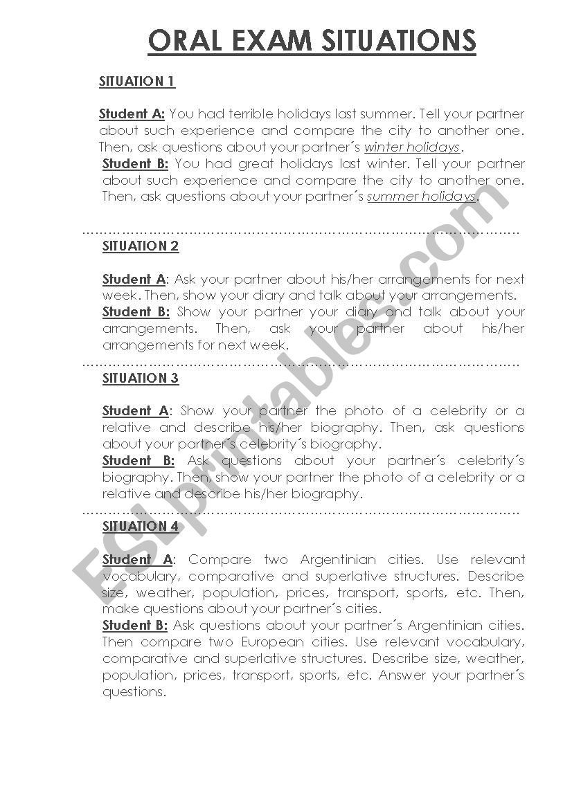 ORAL EXAM SITUATIONS - FOR FINAL EXAM OR TERM TEST