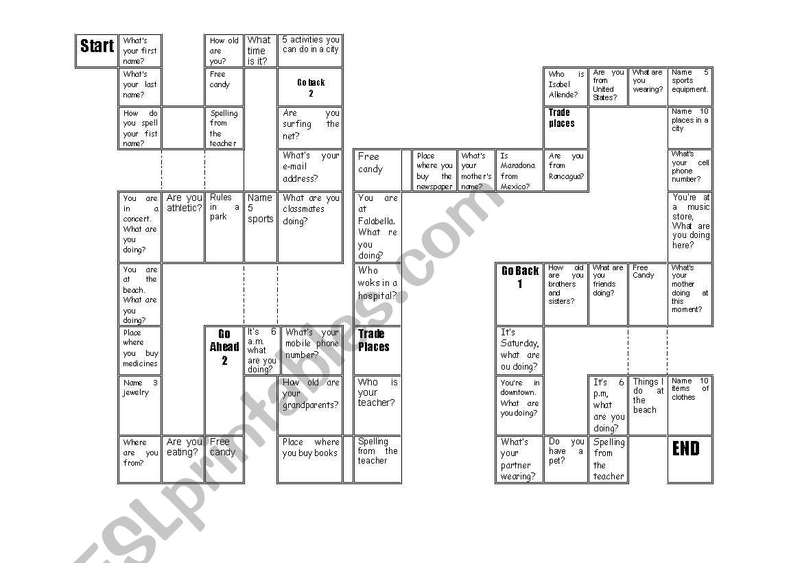 Board game worksheet